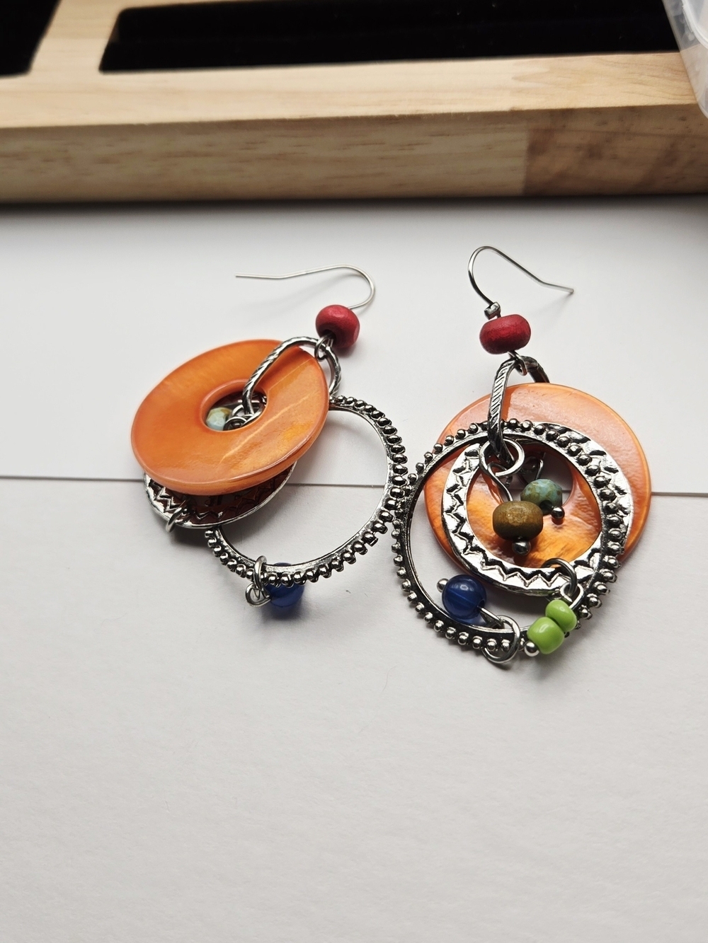 Artisan Orange and Multicolor Bead Dangle Hoop Earrings - Picture 8 of 11